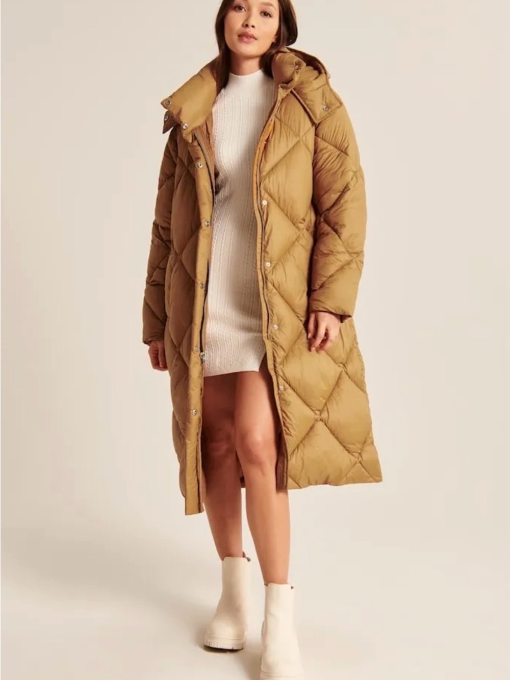 Abercrombie & Fitch Long Quilted Hooded Puffer Coat - Camel